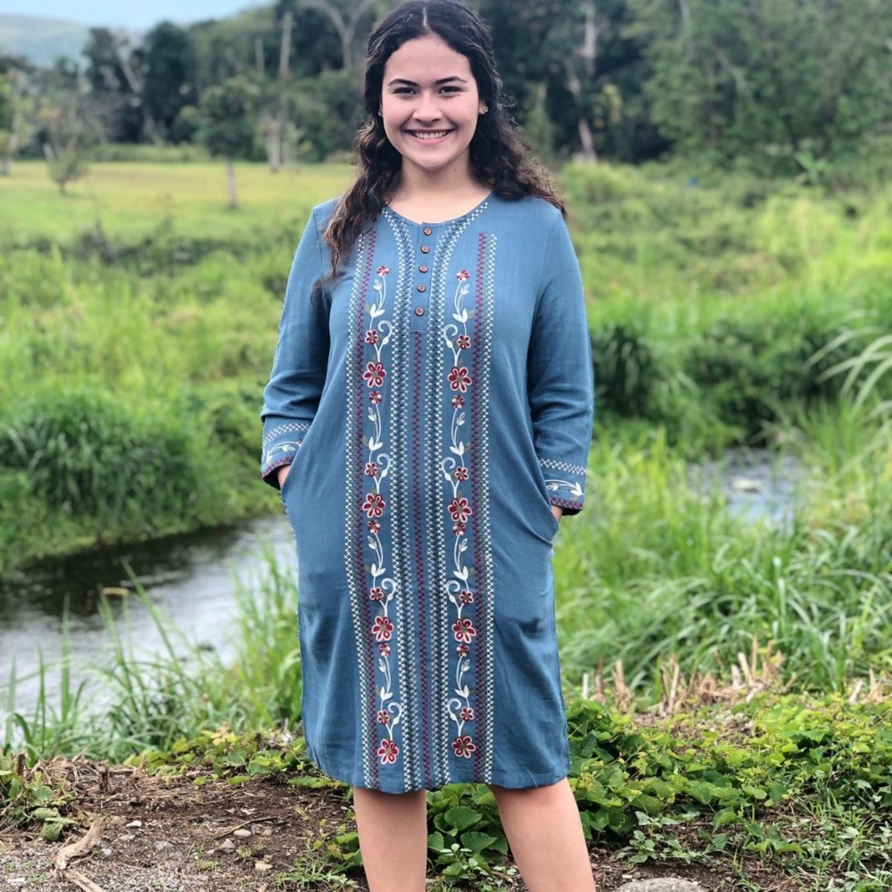 Silvana Steel Blue Linen Embroidered